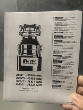 Bolt & Bearing 203003 And Blazer Max Pro 1/3 Hp Garbage Disposal With Parts