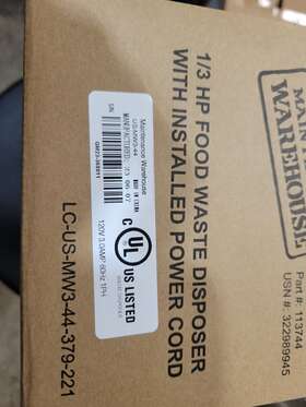 Maintenance Warehouse 194671043722 1/3 Hp Garbage Disposal With Power Cord