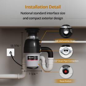 Tges63a Tecasa 3/4 Hp Corded Garbage Disposal For Kitchen Sink Sound Reduction Power