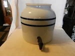Water Crock 2 Blue Pin Stripes Ceramic Porcelain Dispenser Faucet Valve Spigot. Fixed Price $80.00.