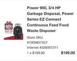Insinkerator Power 900 3/4HP Garbage Disposal. Fixed Price $95.99.
