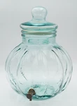 Vintage Italian Aqua Ribbed Glass Beverage Dispenser With Lid & Brass Spigot. Fixed Price $54.00.