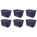 Rubbermaid 18 Gallon Stackable Storage Container, Dark Indigo Metallic (6 Pack). Fixed Price $128.00.