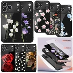Flower Design Tempered Glass Back Case Cover For Iphone 17 Pro 16 15 14 13 12. Fixed Price $13.86.