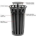 Outdoor Slatted Steel Trash Can With Rain Bonnet Lid, 24 Gallon, Black. Fixed Price $1840.95.