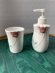Saturday Knight Ltd. Porcelain 3D Classic Rose Lotion Dispenser And Tumbler Set. Fixed Price $23.25.