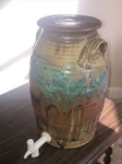 Vintage Stoneware Pottery Water Dispenser Cooler With Handles Lid Drip Glaze. Fixed Price $219.00.