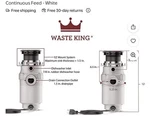 Waste King 1/3HP Continuous Feed Garbage Disposal Kitchen Sink Unit. Fixed Price $50.00.